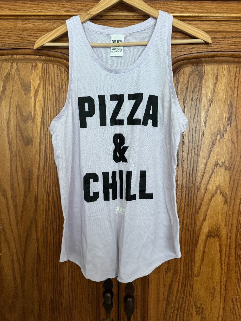 PINK Victoria's Secret Lavender Tank Top with Black "PIZZA & CHILL" Print